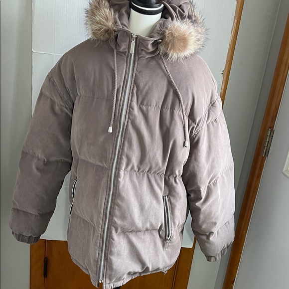 Anne Klein Jackets & Blazers - Anne Klein II, real down, Brown Hooded Jacket with Faux Fur Trim